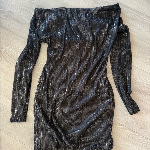 Glamorous Black Sequin Off-Shoulder Dress - Picture 1 of 5